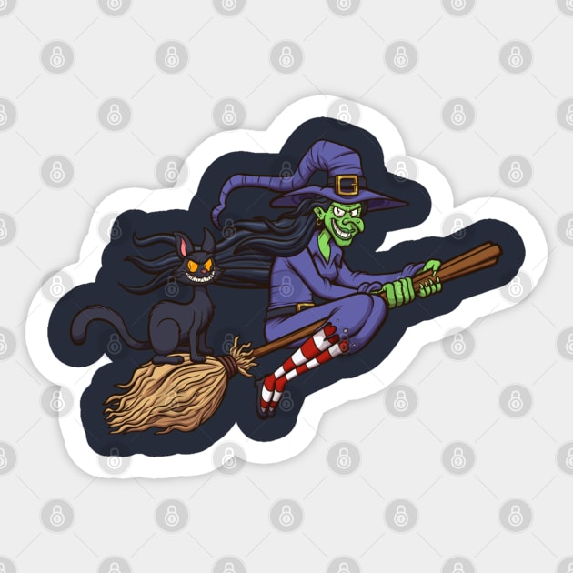 Cartoon Witch Flying On Her Broom Sticker by TheMaskedTooner